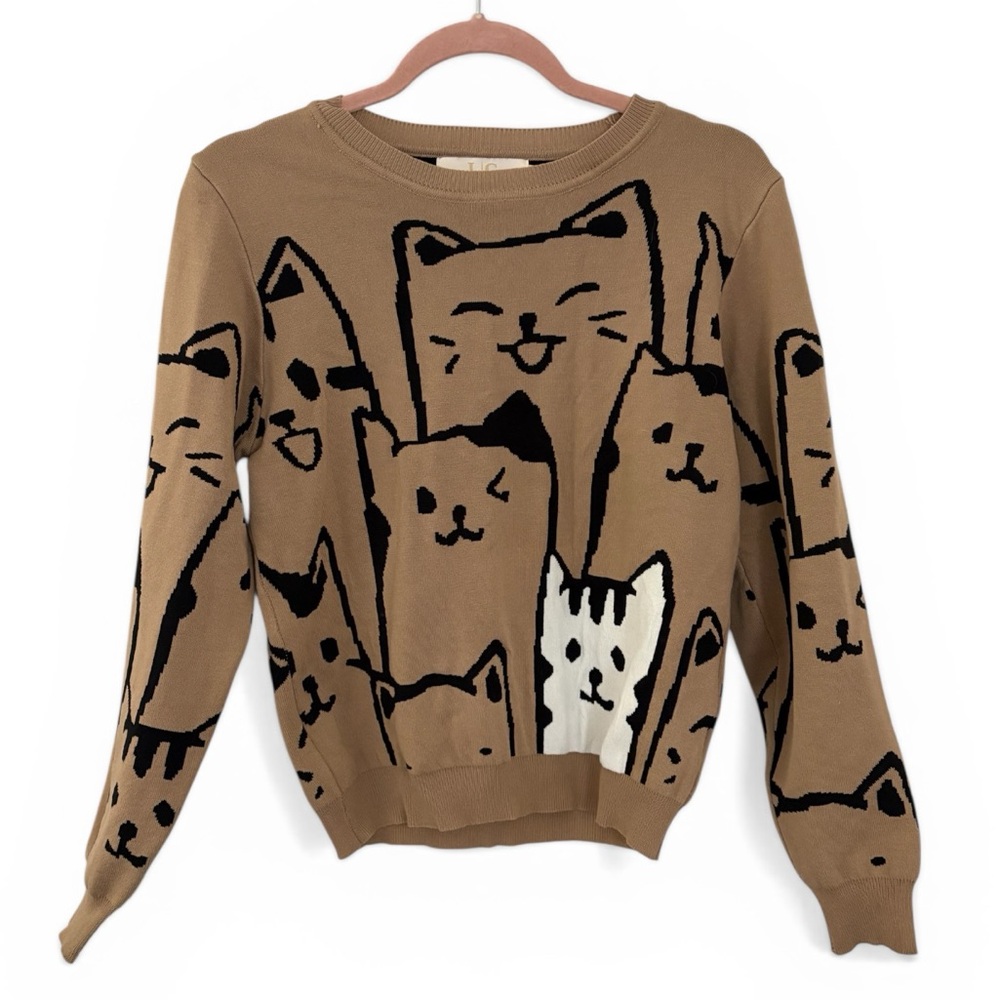 Lizette Collection Brown Cute Cat Print Sweater Beige Crewneck Medium
